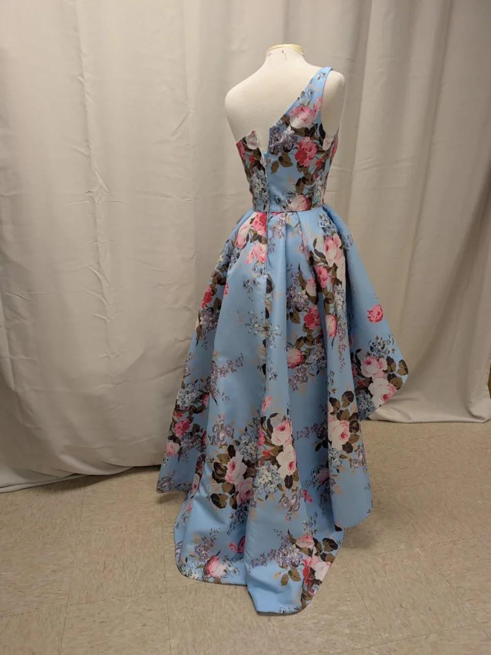 Sherri Hill Blue One-shoulder floral print taffeta high-low Party Dress Size 8 - Picture 3 of 5